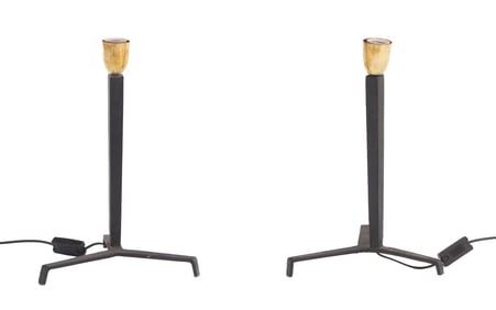 PAIR OF IRON TABLE LAMPS WITH TRIPOD BASE IN THE MANNER OF JEAN-MICHEL FRANK.
