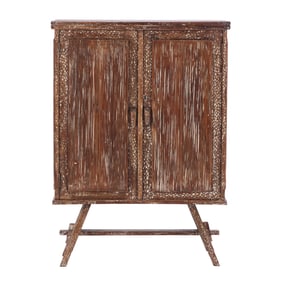 RUSTIC CERUSED OAK GOUGE CARVED CABINET HAVING TWO DOORS RESTING ON A MORTIS AND TENON STRETCHER