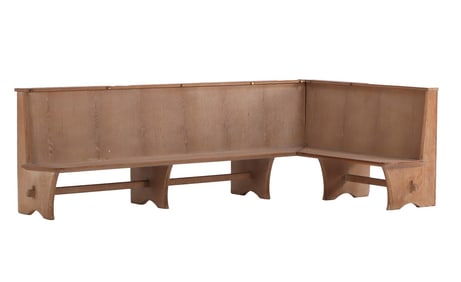 LARGE TWO PART CERUSED OAK BENCH HAVING MORTIS AND TENIN CONSTRUCTION C 1940.