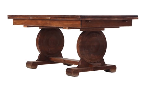 FRENCH MAHOGANY DINING TABLE HAVING PARQUET TOP WITH TWO LEAVES AND CIRCULAR DESIGN ON BASE IN THE