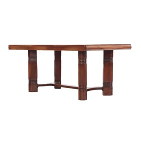 FRENCH MAHOGANY DINING TABLE WITH RIBBON GRAIN TOP AND PULL OUT ENDS TO ACCOMMODATE LEAVES