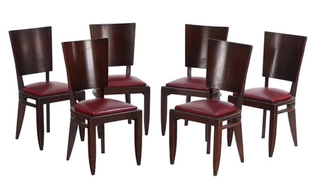 SIX FRENCH MAHOGANY DINING CHAIRS WITH CURVED WOODEN BACKS C 1940.