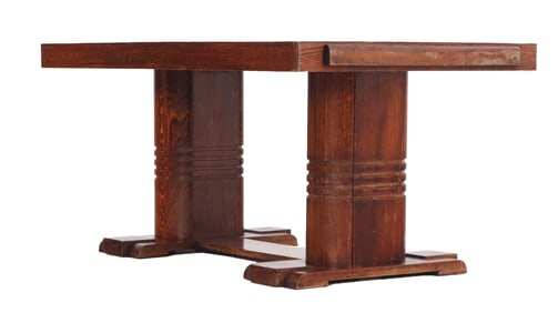 FRENCH OAK DINING TABLE IN THE MANNER OF CHARLES DUDOUYT HAVING PULL OUT ENDS TO ACCOMMODATE LEAVES