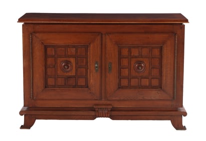 FRENCH OAK SERVER HAVING TWO DOORS WITH COPPER BALL DECORATION IN THE MANNER OF CHARLES DUDOUYT C