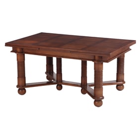 FRENCH OAK DINING TABLE WITH TURNED ELEMENTS RESTING ON BALL FEET WITH TWO LEAVES IN THE MANNER