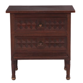 FRENCH TWO DRAWER PETITE COMMODE WITH GEOMETRIC DESIGN IN THE MANNER OF CHARLES DUDOUYT C 1940.