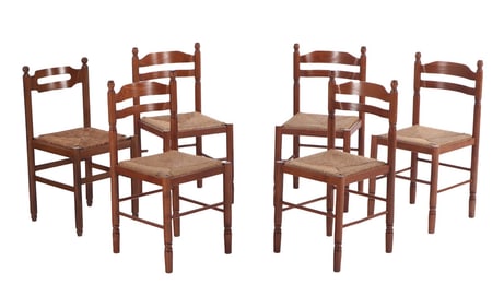 FIVE MATCHING FRENCH SIDECHAIRS WITH RUSH SEATS ALONG WITH AN ADDITIONAL SIMILAR CHAIR C 1945.