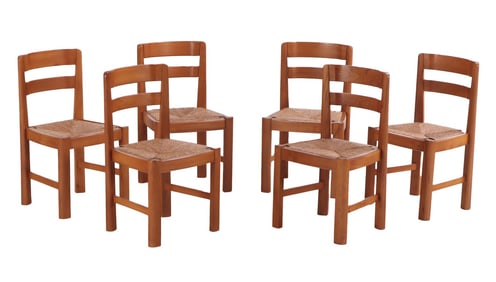 SIX FRENCH CHERRY SIDECHAIRS WITH RUSH SEATS BY MAISON REGAIN C 1960.