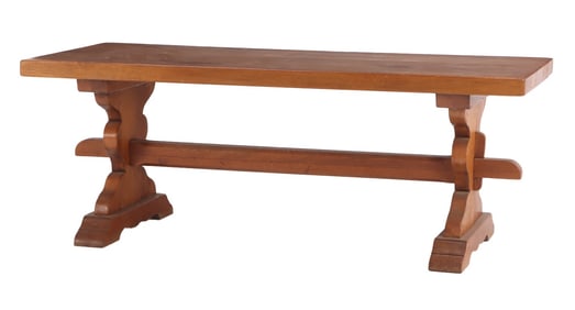 FRENCH OAK SLAB TOP TABLE HAVING STRETCHER WITH MORTIS AND TENON CONSTRUCTION C 1940.