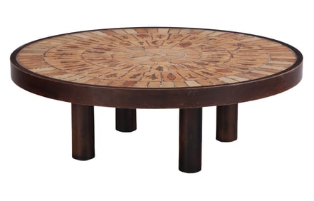 ROUND WOOD AND TILE FRENCH COFFEE TABLE SIGNED CAPRON C 1960.