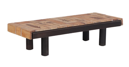 FRENCH WOOD AND TILE COFFEE TABLE WITH WATERFALL EDGE SIGNED ROGER CAPRON C 1970.