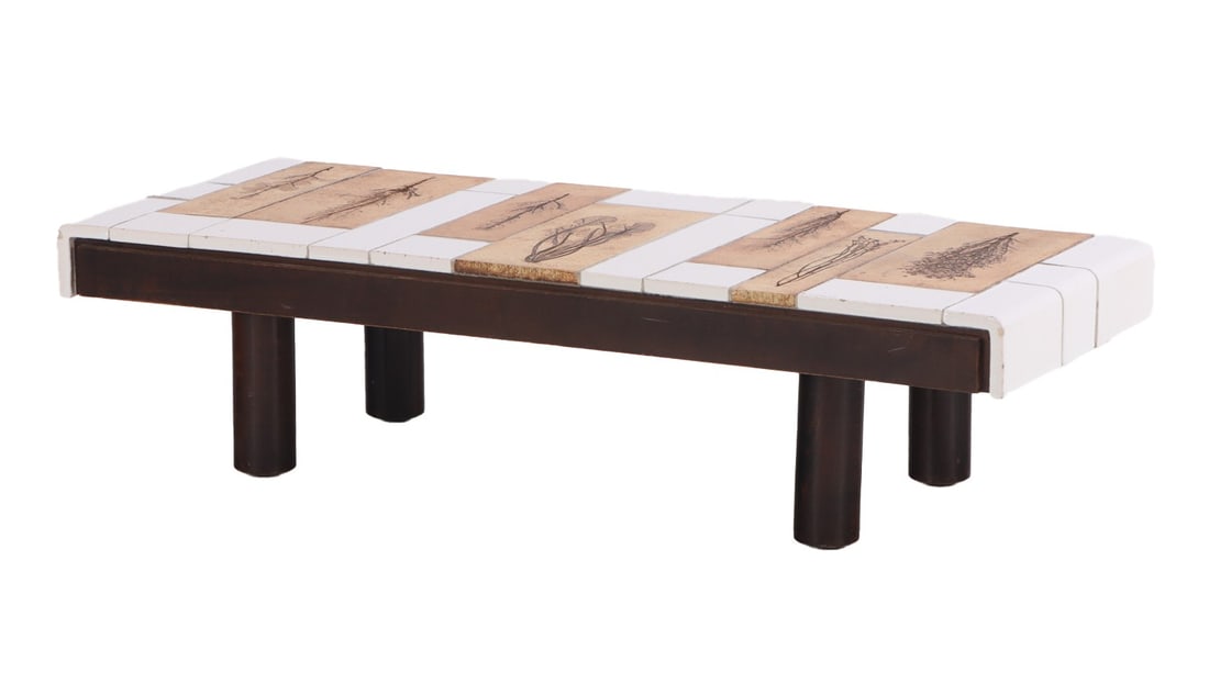 FRENCH WOOD AND TILE COFFEE TABLE WITH WATERFALL EDGE AND HIGHLY DESIRABLE WHITE TILES SIGNED: French wood and tile coffee table with waterfall edge and highly desirable white tiles signed Roger Capron C 1970. Ht: 11.75" Wd: 46.5" Dpth: 18"