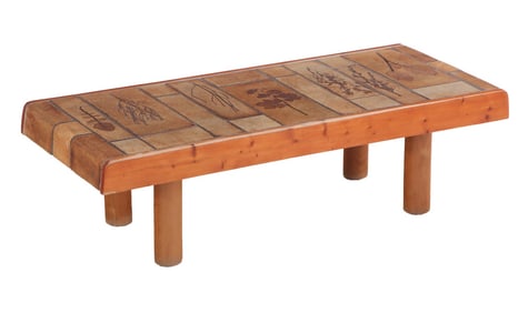 FRENCH WOOD AND TILE COFFEE TABLE WITH WATERFALL EDGE SIGNED ROGER CAPRON C 1970.