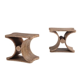 PAIR CERUSED OAK STOOLS HAVING CURVED SIDES AND CENTRAL CIRCLE.