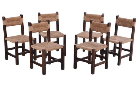 SIX FRENCH DINING CHAIRS HAVING RUSH SEATS AND BACKS C 1940.