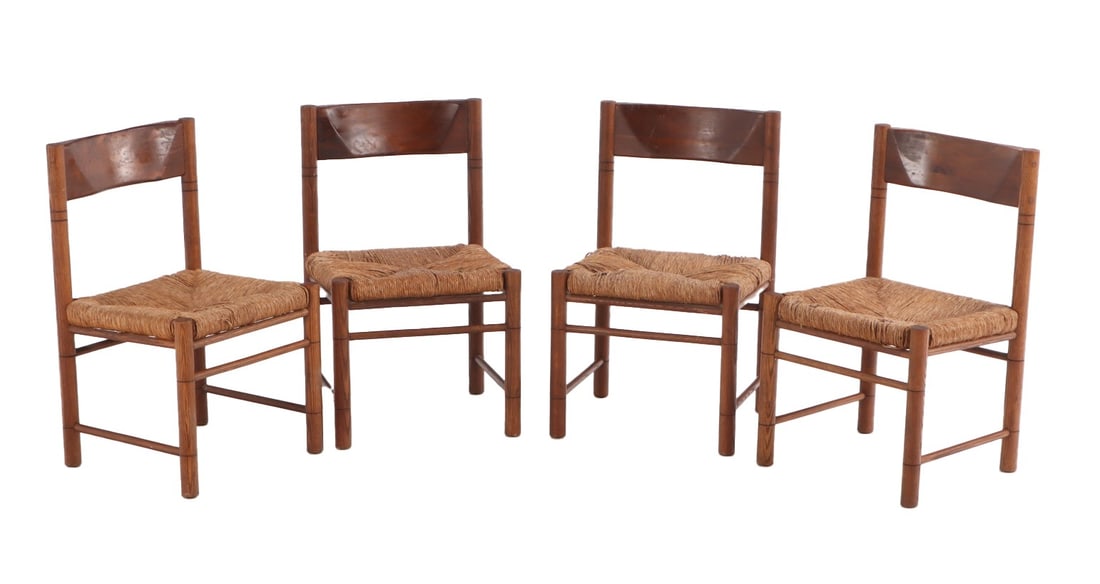 FOUR FRENCH ELM SIDE CHAIRS IN THE MANNER OF CHARLOTTE PERRIAND C 1940. (1 of 5)