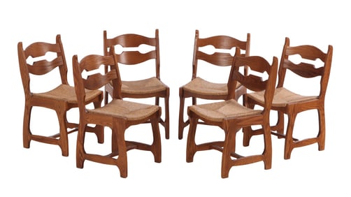 SIX LARGE SCALE BRUTALIST STYLE BELGIAN OAK DINING CHAIRS C 1960.