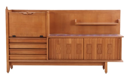 GUILLERME AND CHAMBRON OAK BAR CABINET C 1970 HAVING FALL FRONT COMPARTMENT OVER THREE DRAWERS