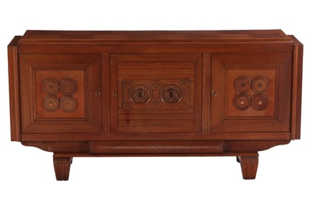 FRENCH OAK THREE DOOR SIDEBOARD HAVING CIRCULAR MOTIF AND COPPER MOUNTS C 1940.