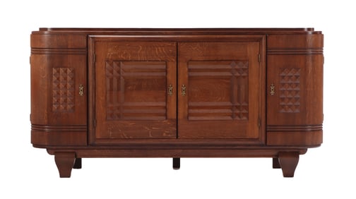 FRENCH OAK SIDEBOARD HAVING FOUR DOORS, TWO INTERIOR DRAWERS AND GEOMETRIC DETAILS