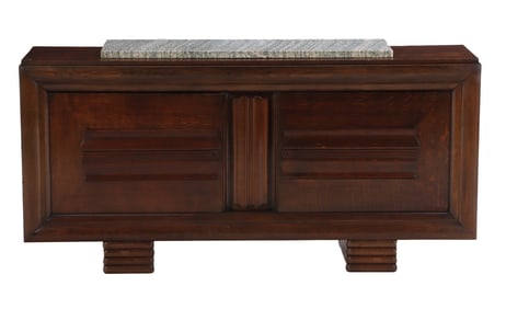 FRENCH OAK MARBLE TOP SIDEBOARD HAVING TWO DOORS AND CLEAN LINES IN THE MANNER OF CHARLES DUDOUYT C