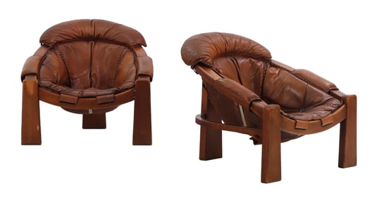 PAIR ITALIAN LEATHER AND WOOD LOUNGE CHAIRS C 1975 IN THE MANNER OF PERCIVAL LAFER.