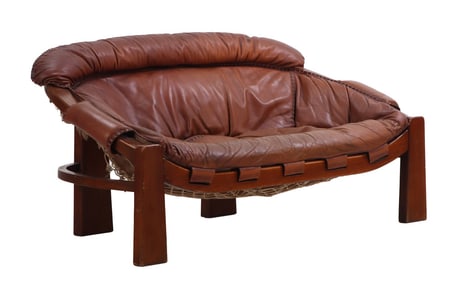 ITALIAN LEATHER AND WOOD SOFA C 1975 IN THE MANNER OF PERCIVAL LAFER.
