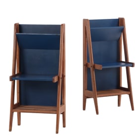 PAIR FRENCH OAK AND BLUE LAMINATE TABLES WITH ANGULAR DESIGN C 1970.