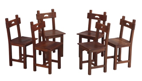 SIX FRENCH BRUTALIST STYLE OAK CHAIRS WITH PEGGED CONSTRUCTION C 1955.