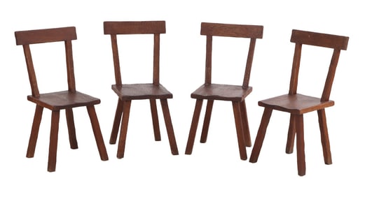 FOUR RUSTIC FRENCH GOUGE CARVED OAK SIDE CHAIRS C 1940.
