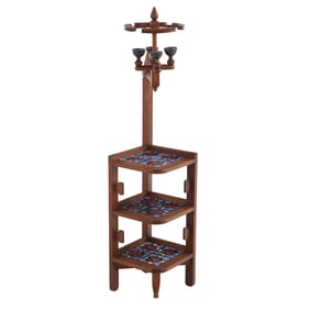 THREE TIER FRENCH OAK AND TILE TABLE WITH INTEGRAL FOUR LIGHT LAMP C 1960 BY GUILLERME ET CHAMBRON.