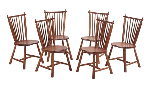 SIX FRENCH SPINDLE BACK OAK CHAIRS HAVING SCOOPED SEATS, GOUGED CARVED CREST RAIL AND ELEGANT