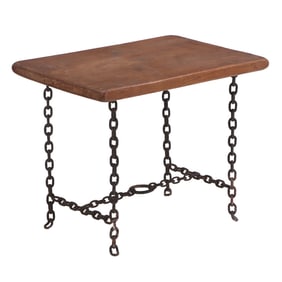 FRENCH OAK AND IRON CHAIN BRUTALIST STYLE OCCASIONAL TABLE C 1960.