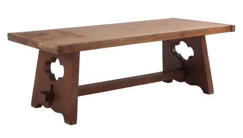 FRENCH OAK BRUTALIST STYLE TABLE HAVING A THICK TOP AND STRETCHER BASE C 1945. DISMANTLES. ENSUITE