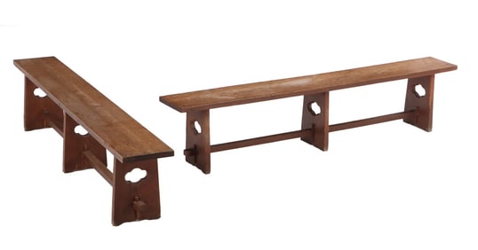 PAIR OF FRENCH OAK BRUTALIST STYLE BENCHES HAVING THREE LEGS AND A STRETCHER  C 1945.  ENSUITE WITH