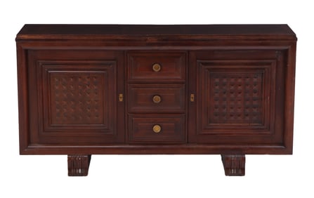 FRENCH OAK SIDEBOARD IN THE MANNER OF CHARLES DUDOUYT HAVING TWO DOORS AND THREE DRAWERS C 1940.