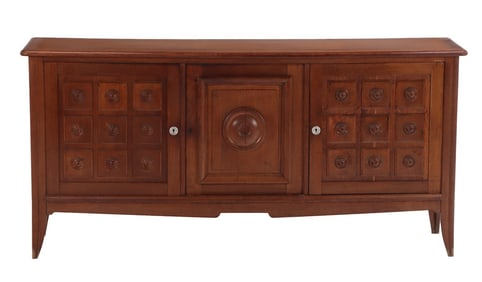 FRENCH OAK SIDEBOARD WITH GEOMETRIC MOTIFS IN THE MANNER OF CHARLES DUDOUYT C 1940.