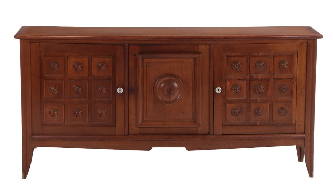 FRENCH OAK SIDEBOARD WITH GEOMETRIC MOTIFS IN THE MANNER OF CHARLES DUDOUYT C 1940. (1 of 6)