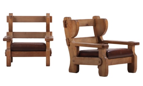 HEAVY OAK BRUTALIST STYLE ARM CHAIRS C 1960 CONSTRUCTED FROM VERY THICK LUMBER, HAVING MORTIS