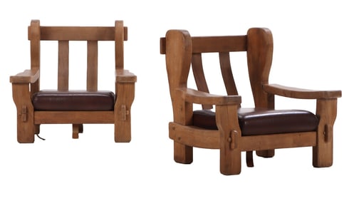 HEAVY OAK BRUTALIST STYLE ARM CHAIRS C 1960 CONSTRUCTED FROM VERY THICK LUMBER, HAVING MORTIS