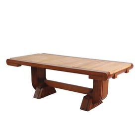 RARE FRENCH OAK DINING TABLE HAVING A MARBLE TOP IN THREE PIECES AND PULL OUT ENDS TO ACCOMODATE