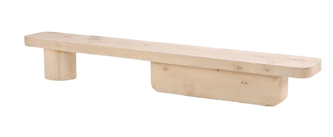 LARGE BENCH HAVING HEAVY TIMBER CONSTRUCTION AND GEOMETRIC MOTIFS. FINISHED ON BOTH SIDES.