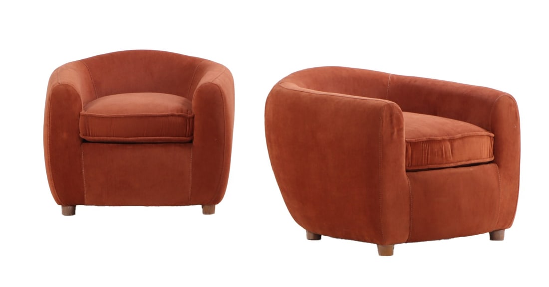 PAIR SUEDE UPHOLSTERED LOUNGE CHAIRS IN THE MANNER OF JEAN ROYERE RESTING ON CERUSED OAK FEET. (1 of 5)