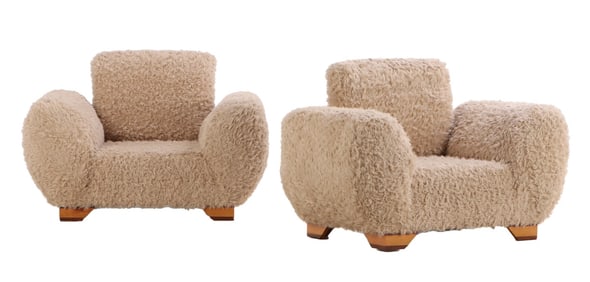 PAIR OVERSIZED LOUNGE CHAIRS IN THE MANNER OF JEAN ROYERE UPHOLSTERED IN FAUX SHEEP SKIN.