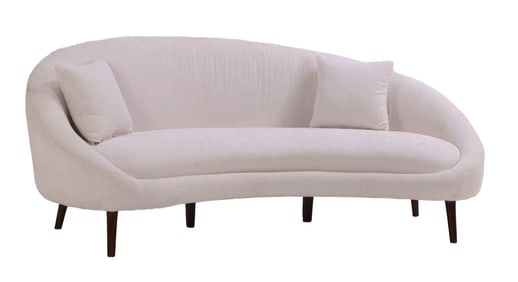 CRESCENT SHAPED UPHOLSTERED SOFA ON WOOD LEGS RECENTLY DONE IN A BOUCLE TYPE FABRIC.