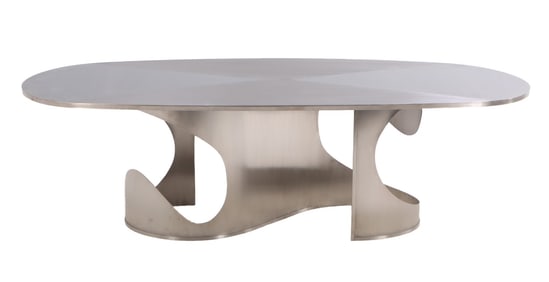 TWO PART STAINLESS STEEL DINING TABLE HAVING AN S FORM BASE IN THE MANNER OF MARIA PERGAY.
