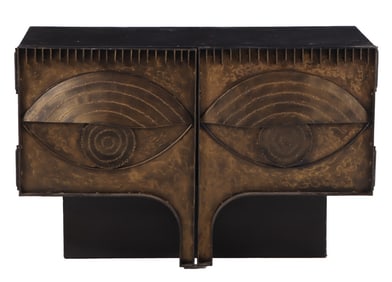 TWO DOOR IRON CABINET IN THE MANNER OF PAUL EVANS.