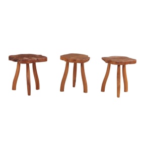 THREE FRENCH ELM STOOLS HAVING SOLID BURL WOOD TOPS C 1960.