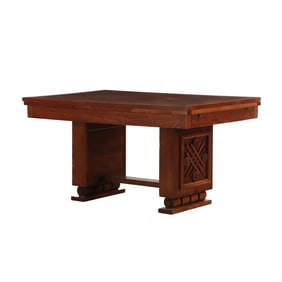CHARLES DUDOUYT FRENCH OAK DINING TABLE HAVING TWO LEAVES C 1940.