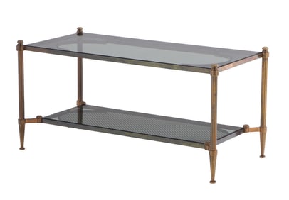 FRENCH BRONZE COFFEE TABLE HAVING SMOKED GLASS AND BRONZE GRILLS ATTRIBUTED TO JANSEN C 1950.